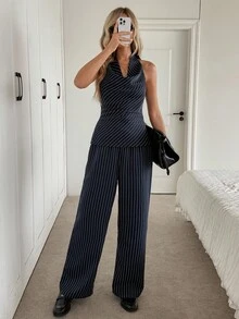 SHEIN LUNE 2pcs/Set Halter Tie Bow Collar Sleeveless Blouse And Elastic Waist Wide Leg Pants, Casual Striped Elegant Commuter Vintage Style Women Set Navy Blue Jumpsuit Women Halter Jumpsuits For Women Elegant Jumpsuits Striped Jumpsuit Women's Winter Clothes Formal Women's Clothes