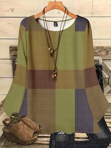 EMERY ROSE 大码女式休闲全身印花圆领宽松 3/4 袖衬衫，秋冬款 - 杏色 - 查看 2