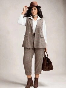 Zelara 2 pièces Ensemble veste sans manches et pantalon jacquard pied-de-poule grande taille pour femmes