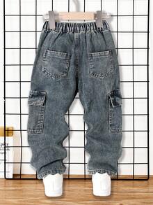 男童休闲宽松直筒撞色缝线工装牛仔裤 - 中等水洗藍 - 查看 2