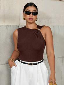 Easura 大码女式不对称金属装饰扣无袖紧身衣 - 棕色 - 查看 7