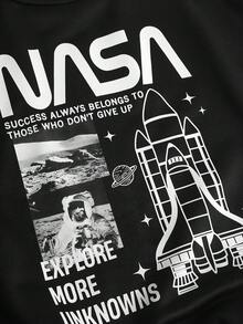 SHEIN 青少年男孩休闲宽松圆领运动衫套装 - 黑色 - 查看 4