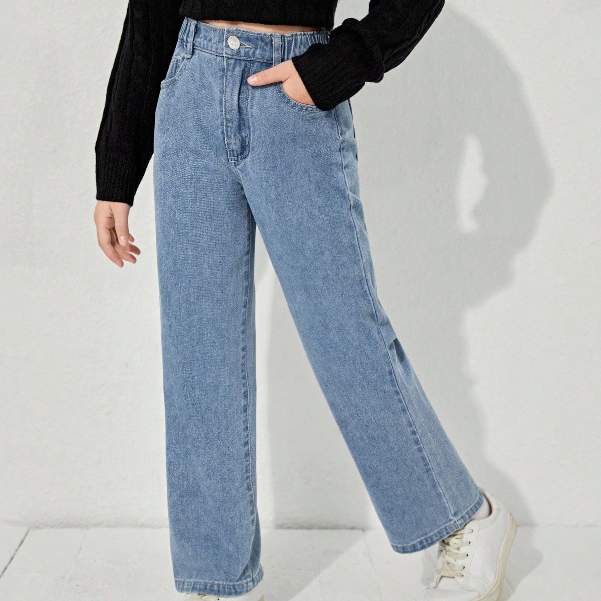 Jeans rectos de cintura elástica estilo Y2K para niña preadolescente, de uso diario con bolsillos planos
