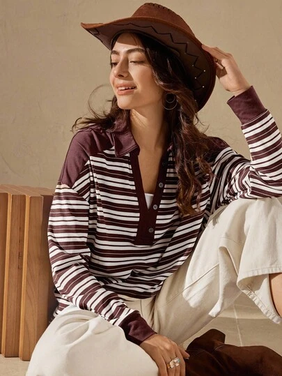 Wildy Áo khoác nữ dáng rộng tay raglan cổ kéo nửa, kẻ sọc, phong cách miền Tây, áo nỉ nữ thường ngày, áo tay dài kẻ sọc màu nâu, áo thun nữ mùa thu, áo sơ mi nữ kẻ sọc nâu phong cách đồng quê, áo mùa đông nữ, áo tay dài nữ, áo thun nữ mùa thu thanh lịch