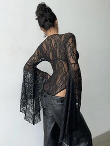 Aloruh 万圣节蝙蝠袖黑色蕾丝连体衣，女士优雅性感夜店连体衣，Y2K风格，时尚女士连体衣，万圣节服装，万圣节服饰，女士秋季穿搭，哥特风服饰，哥特风，休闲风，乡村音乐会服装，派对，夜店音乐节 - 黑色 - 查看 3