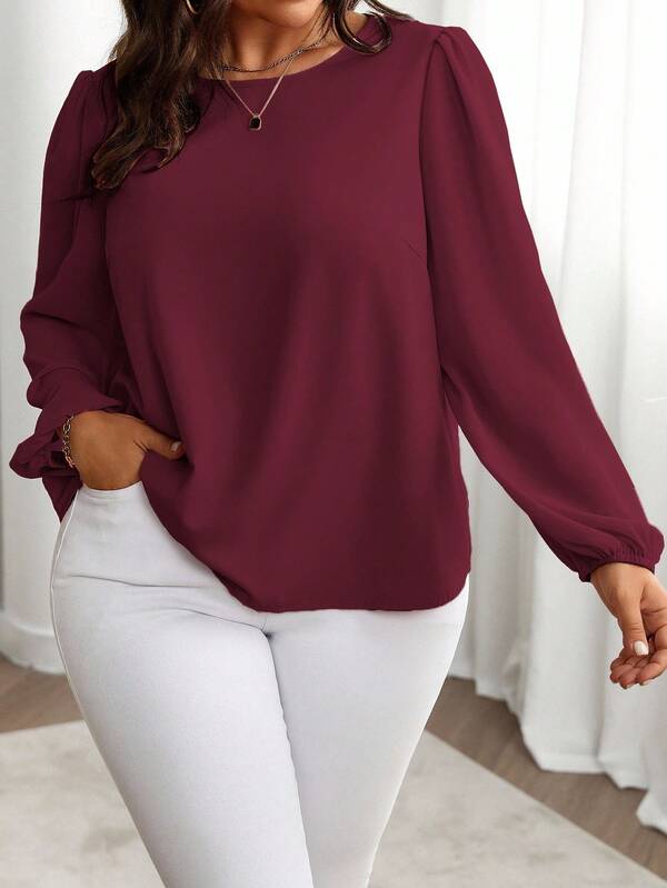 SHEIN Clasi Camisa feminina plus size, cor sólida, gola redonda, manga comprida, babados, acabamento, solta, casual