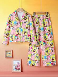SpongeBob SquarePants | SHEIN Tween Girl Cartoon All-Over Print Lapel Button Front Long Sleeve Top And Pants Autumn/Winter Pajama Set Fall