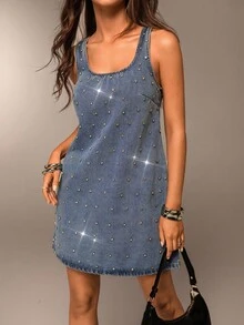 Avantive 夏季新款圆领无袖A字型水钻装饰女式牛仔迷你连衣裙