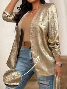 Juhart Plus Size Women Casual Party Versatile Metallic Front Open Cardigan Fall Winter Cloth For Women Autumn - Gold - View 1