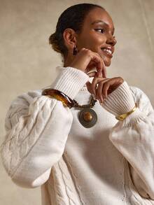 Bóhologie Casual Crew Neck Oversize Crew Round Neck Balloon Sleeve Cable Knit Cozy Comfy Warm Touch Sweater & Wide Leg High Waist Knit Pants Pyjama Comfy Look For Fall Winter Women Outfits Cream Outfit Women Two Pieces Set Women Knit Two Pieces Set Women's Knit Set Cream Two Pieces Outfit - Apricot - View 3