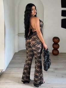 SHEIN SXY 黑色性感蕾丝深V领连体裤 - 黑色 - 查看 2