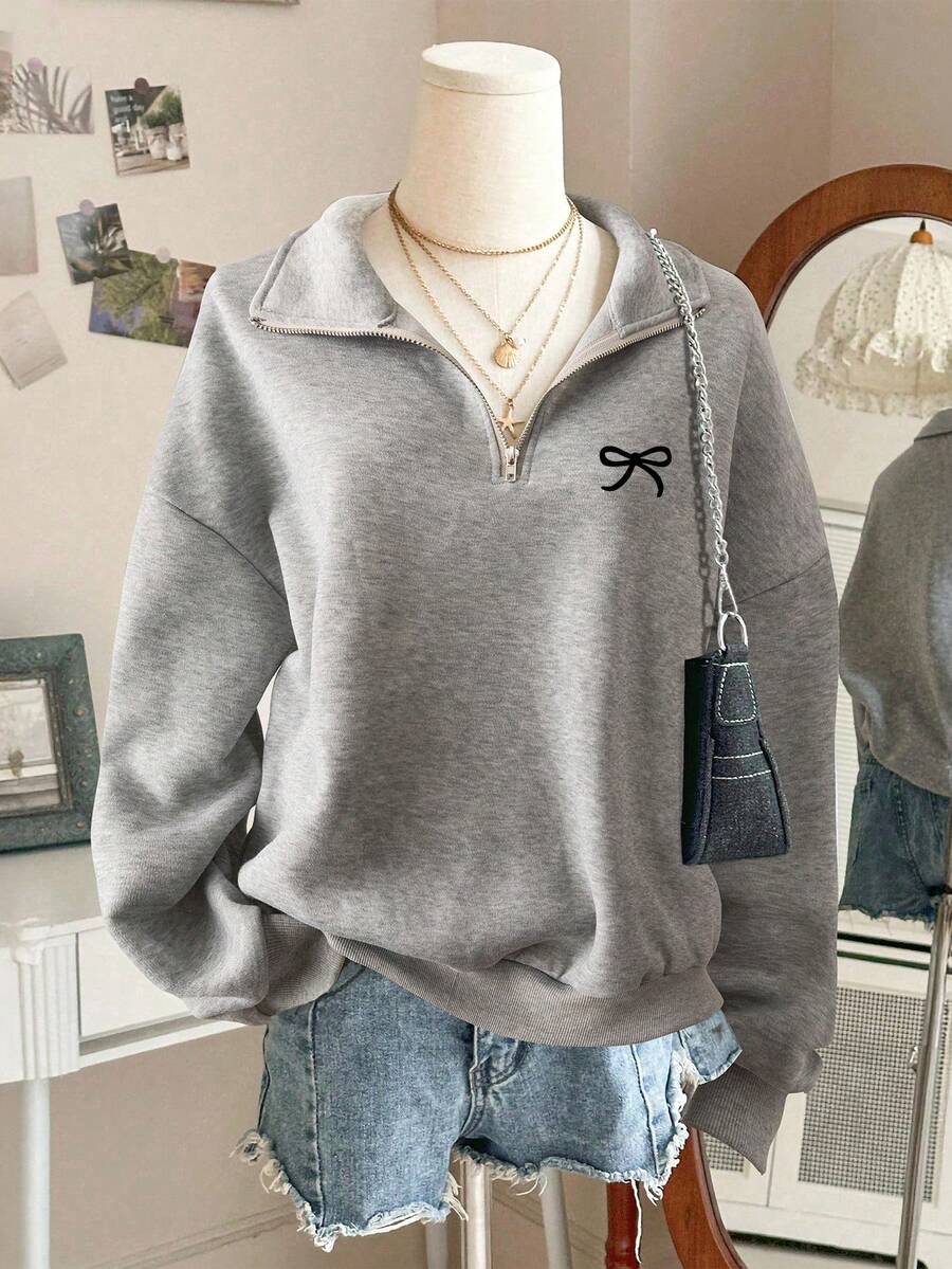 Lalippa 休闲简约学院风蝴蝶结图案宽松半拉链高领卫衣，适合秋冬季 - 灰色 - 查看 1