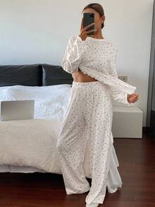 DAZY 碎花宽松舒适女士睡衣套装，秋冬服装 - 灰色 - 查看 4