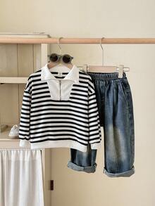 SHEIN 男童黑白条纹半拉链卫衣，保暖舒适，适合户外、上学、日常穿着，秋冬季节适用。