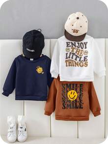 SHEIN 3 件套婴儿男女款休闲可爱运动街头服饰基本款简约脸部卡通图案舒适时尚圆领运动衫，黑色、白色、卡其色，适合春季、秋季、冬季 - 棕色 - 查看 6