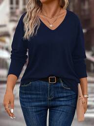 EMERY ROSE Camiseta de manga larga con cuello en V casual y versátil para otoño/invierno, talla grande para mujer