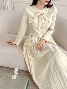 DAZY 女士优雅拼布系带中长连衣裙，秋季 - 米色 - 查看 6