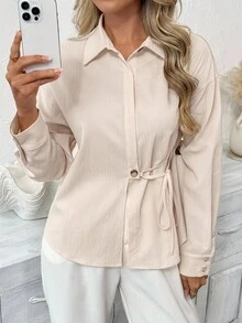 SHEIN LUNE Camisa de mujer de manga larga con cordones de unicolor casual, uso diario básico, camisa con botones y lazos de otoño/invierno, elegante ropa de calle de otoño para mujeres, casual para el aeropuerto, top para salir, estilo campestre elegante - Albaricoque - Ver 4