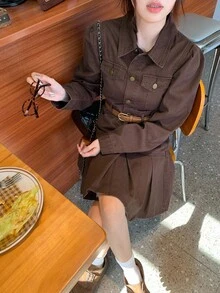 DAZY Gaun Denim Lipit Saku Warna Polos Kasual Wanita, Cocok untuk Sekolah Musim Gugur - Coklat - View 8