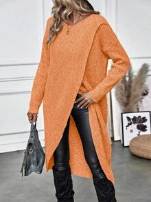 EMERY ROSE 1件女士纯色休闲宽松长袖不对称下摆毛衣，橙色 - 橘色 - 查看 5