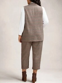 Zelara 2 pièces Ensemble veste sans manches et pantalon jacquard pied-de-poule grande taille pour femmes