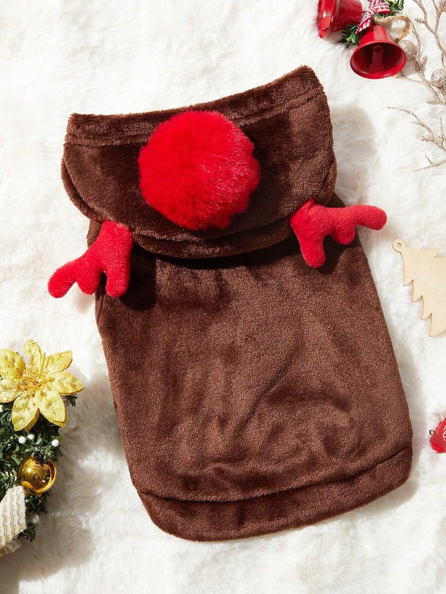 PETSIN 1 Stück Haustier Hund Braun Plüsch Weihnachts Rentier Kostüm - Warme Fleece Kapuzen Strickjacke, Festliches Feiertags Outfit für kleine Hunde mit süßer Geweih Dekoration