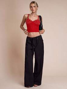 SHEIN BAE Canotta corta aderente in maglia con perle finte, adatta per l'autunno/inverno - Rosso - Visualizzare 7