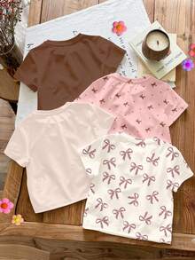 SHEIN 4件套女婴休闲简约蝴蝶结圆领短袖T恤，四季皆宜 - 米白色、米色、米粉色、复古豹纹蝴蝶结、迷你波点蝴蝶结