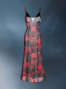 Slumberist الثوب النوم للنساء بأشرطة رفيعة مزين بطبعات الأزهار والكشكشة،تصميم كاجوال - متعدد الألوان - مشاهدة 2