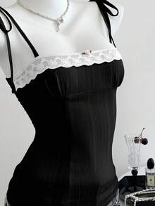 Elamini 春夏女士休闲格子系带腰带吊带背心 - 黑色 - 查看 6