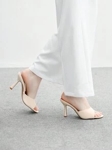 CUCCOO BIZCHIC 女士尖头细高跟米色露趾经典穆勒一脚蹬舒适百搭高跟凉鞋，适合通勤、约会、聚会、节日、派对、婚礼、度假 - 米色 - 查看 4