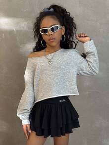 Coolane 青少年女孩短款休闲露肩短款运动衫、长袖上衣 - 灰色 - 查看 4