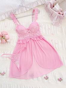 SHEIN 2件套女士性感蕾丝边网眼内衣睡袍套装 - 粉色 - 查看 7