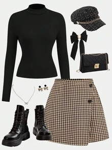 SHEIN Girlism 少女秋季校园风校园装，黑色立领针织毛衣长袖 T 恤 + 卡其色格子百褶裙休闲两件套，适合秋冬季分层搭配，返校季，女童 T 恤套装 - 黑色 - 查看 1