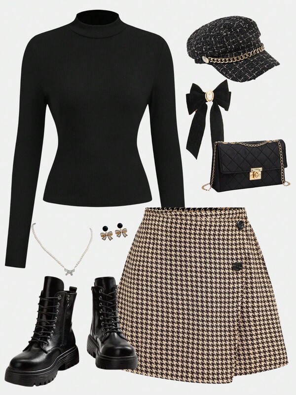 SHEIN Girlism Teen Girls' Autumn School Style Campus Outfit, Black Stand Collar Knit Sweater Long Sleeve T-Shirt + Khaki Plaid Pleated Skirt Casual 2-Piece Set, Suitable For Autumn/Winter Layering, Back To School Season, Girls T-Shirt Set Fall