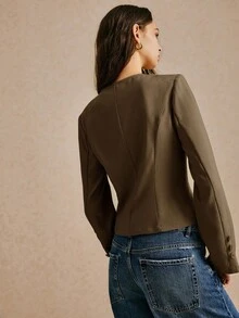 Poéselle 女士系带西装外套，纯色前系带长袖休闲常规款外套，袖口纽扣装饰，不对称系带门襟，秋冬女士长袖西装外套 - 棕色 - 查看 9