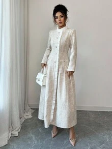 SHEIN Elenzya 女士优雅圆领荷叶边装饰修身百褶腰修身长裙，适合日常办公、下午茶、温柔淑女风、秋季 - 杏色 - 查看 6
