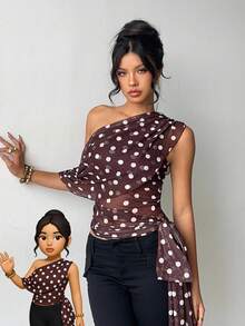 Aloruh 女士优雅不对称腰部透视系带露肩波尔卡圆点印花衬衫 - 彩色 - 查看 2
