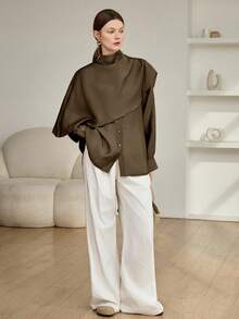 Dazy-Less 女士宽松雪纺衬衫休闲商务办公装长袖披肩领适合春夏秋季 - 巧克力棕 - 查看 4