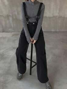 FRIFUL Women's Casual Denim Bib Pants With Pockets - Black - View 5