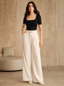 Anewsta New Fashionable Seamless Fitted Rhinestone Embellished Crew Neck T-Shirt