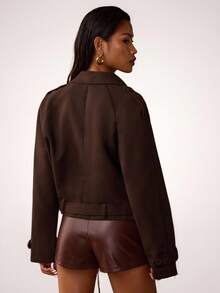 SHEIN BAE 女士时尚通勤短款夹克，秋冬季，女士冬季外套，短款大衣，休闲街头风大衣，百搭夹克，棕色外套 - 咖啡棕 - 查看 2