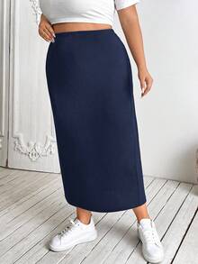 SHEIN CURVE+ 大码女式黑色针织弹力紧身及膝裙 - 藏蓝色 - 查看 7
