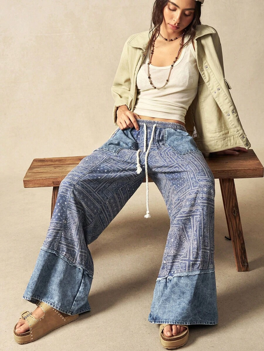 Bohemela 秋季波西米亚音乐节万圣节佩斯利图案休闲梭织拼接宽松阔腿女裤 - 藍色 - 查看 1