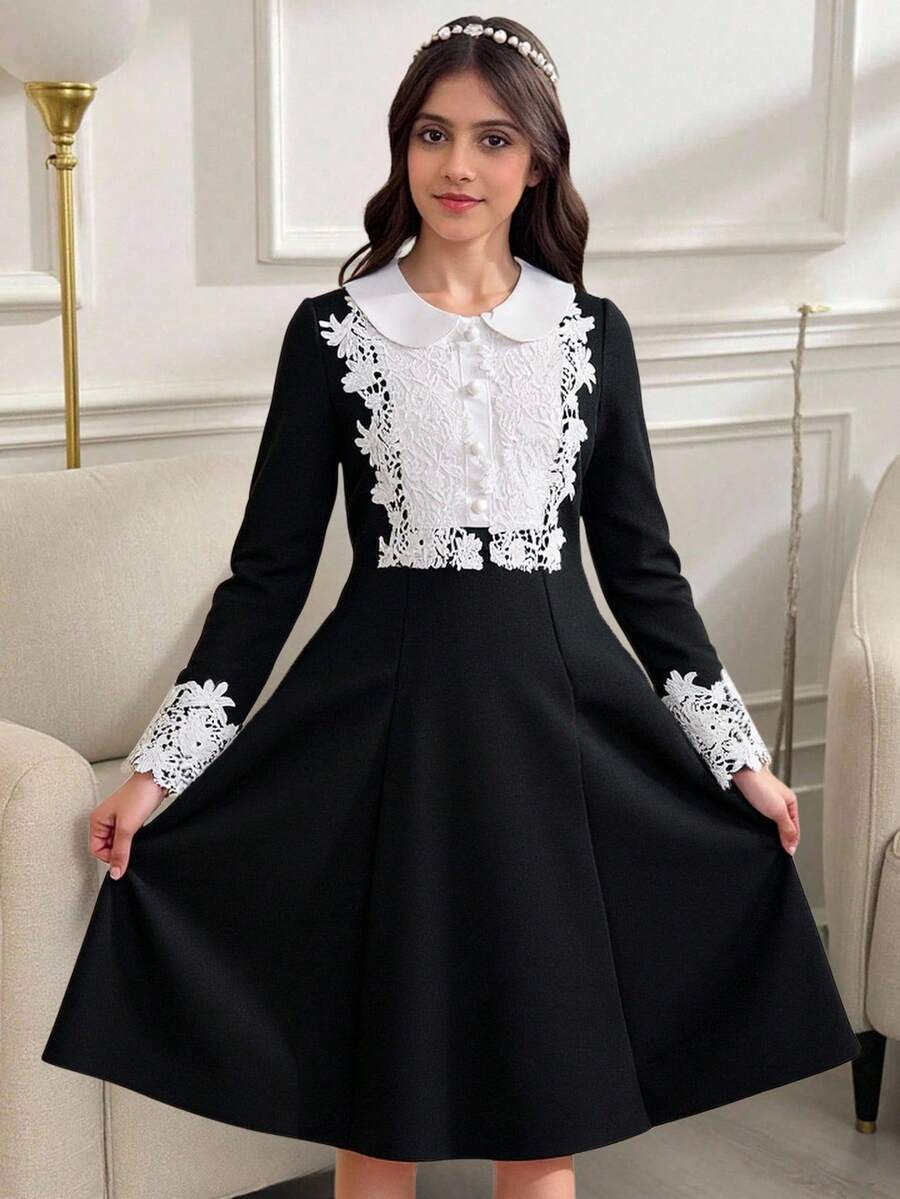 Tween Girls' Colorblock Patchwork Long Sleeve Dress Wedding, Party,Prom, Birthday,Halloween,Graduation - Black and White - View 1