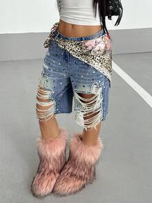 StreetHx Y2K Distressed Rhinestone Denim Shorts - Medium Wash - View 5