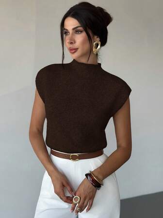 Firerie Elegant High Neck Loose Casual Versatile Sleeveless Knit Sweater Vest,Brown Sweater In Fall/Winter
