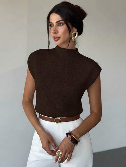 Firerie Elegant High Neck Loose Casual Versatile Sleeveless Knit Sweater Vest,Brown Sweater In Fall/Winter