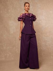 Lumalex 秋冬季聚会宴会低调奢华复古闪耀假日派对狂欢节郊游度假热门户外丰富层次婚礼季宴会成人礼一套露肩夸张欧根纱腰部修身宽松女式两件套奢华舞会证件照宰牲节派对新年 - 紫色 - 查看 5