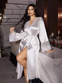 SilkySpell Plus Size Elegant Romantic Sexy Embroidered Lace Trim Satin Belted Robe, Fall